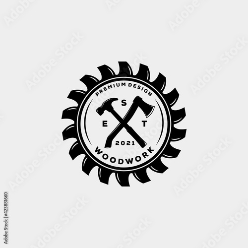 woodwork carpentry house vintage badge logo template vector illustration design. hipster classic handcraft, carpenter, joinery logo concept