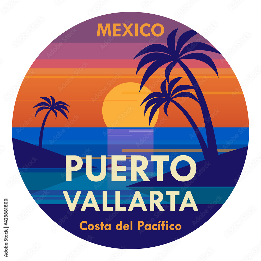 Stamp or label with the tropical island and words Puerto Vallarta, Mexico