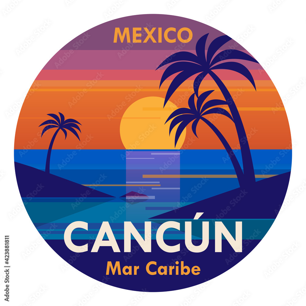 Obraz premium Stamp or label with the tropical beach and words Cancun, Mexico