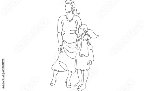 Mother with her daughter for a walk. Family shopping trip. Motherhood. One continuous drawing line  logo single hand drawn art doodle isolated minimal illustration.