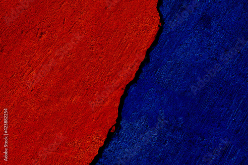 red and blue painted cracked concrete wall, versus template