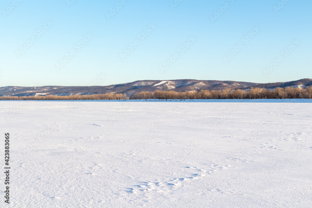 The surface of a wide frozen river and the opposite bank in the distance.