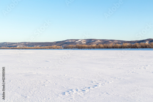 The surface of a wide frozen river and the opposite bank in the distance.