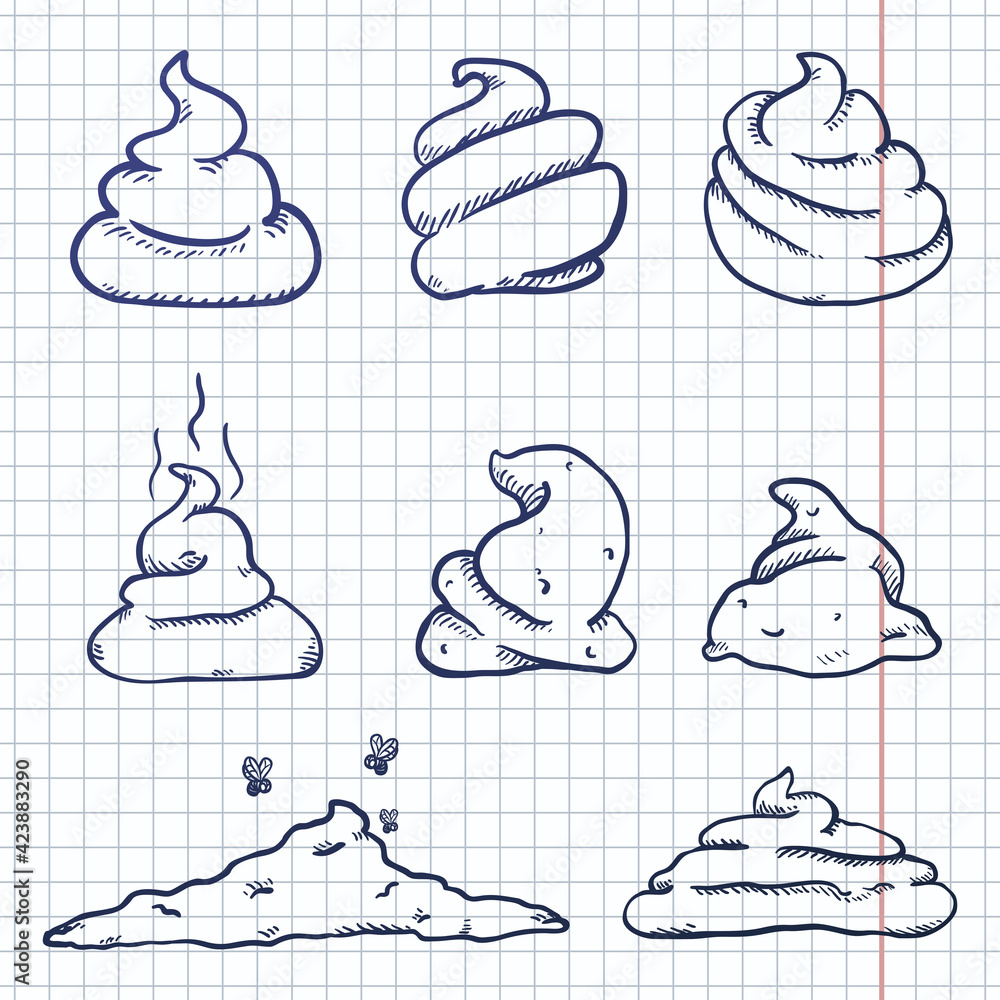 Vector Set of Sketch Doodle Poop. Hand Drawn Shit Variations. Stock