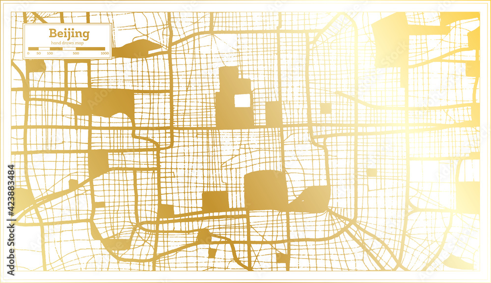 Beijing China City Map in Retro Style in Golden Color. Outline Map.