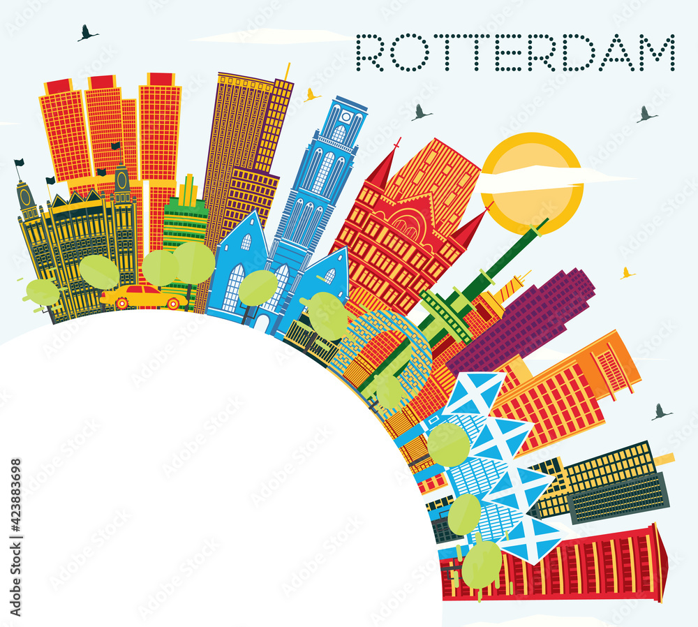 Rotterdam Netherlands City Skyline with Color Buildings, Blue Sky and Copy Space.