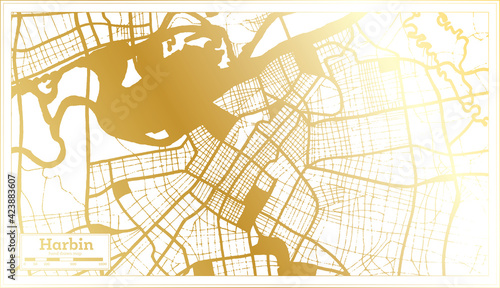 Harbin China City Map in Retro Style in Golden Color. Outline Map.