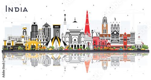 India City Skyline with Color Buildings and Reflections Isolated on White.