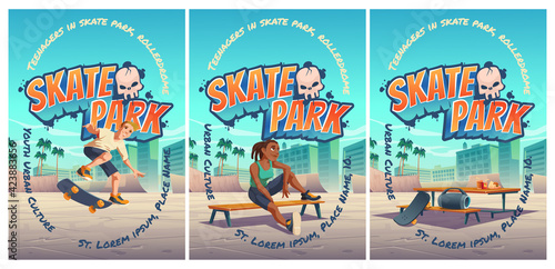 Skate park poster with boy riding on skateboard on rollerdrome. Vector flyer with cartoon cityscape with ramps and teenager jump on track. Playground for extreme sport activity