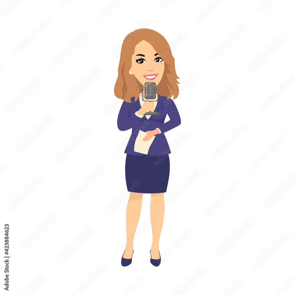 Journalist Pretty young woman with microphone reports news. Hand drawn illustration Breaking news concept. Journalist Pretty young woman with microphone reports news. Hand drawn illustration Breaking news concept.