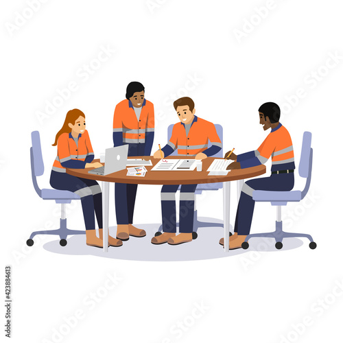 Industrial workers working together: manual workers, technicians, engineers and manager