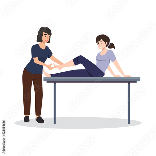 Physiotherapist or rehabilitologist doctor rehabilitates patient. Vector flat cartoon illustration. Physiotherapy rehab, injury recovery and healthcare concept.