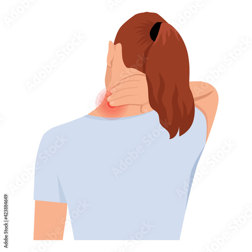 Pain in the neck.The woman holding hand on neck in pain. Cartoon vector illustration.