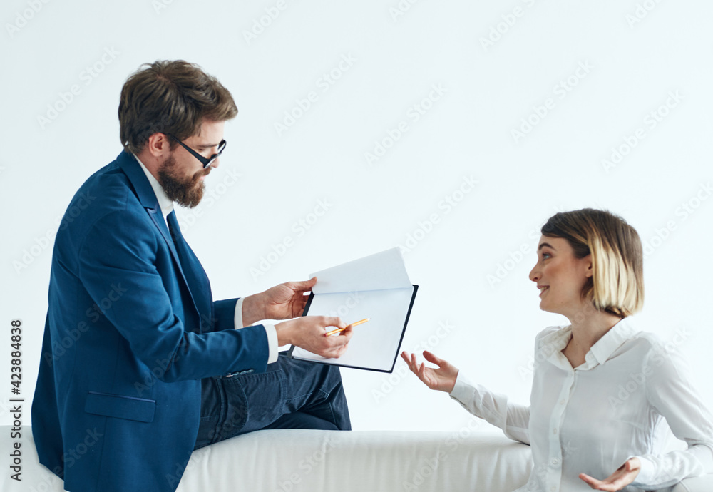 Business man and woman officials colleagues at work office message Business man and woman officials colleagues at work office message