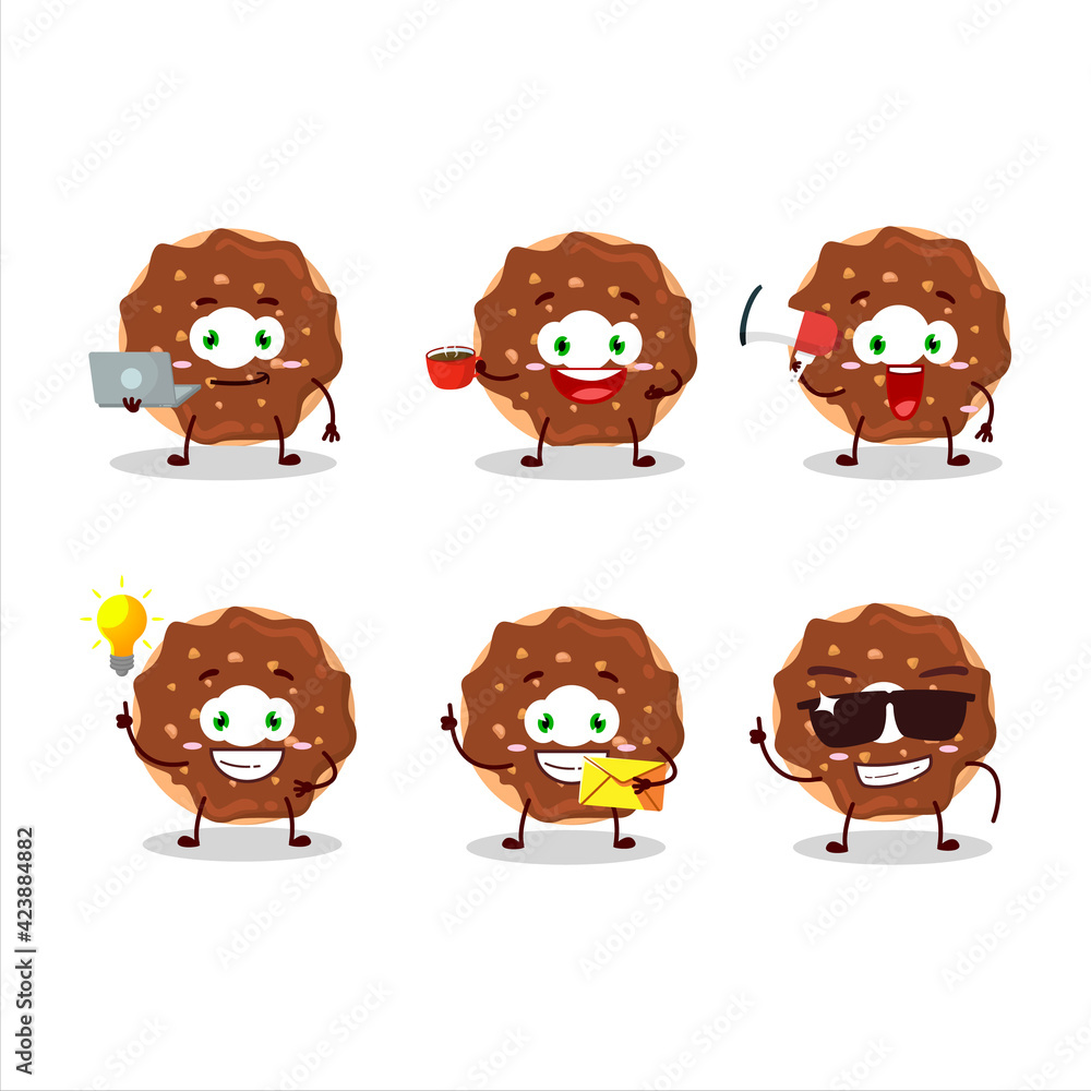 Chocolate donut cartoon character with various types of business emoticons
