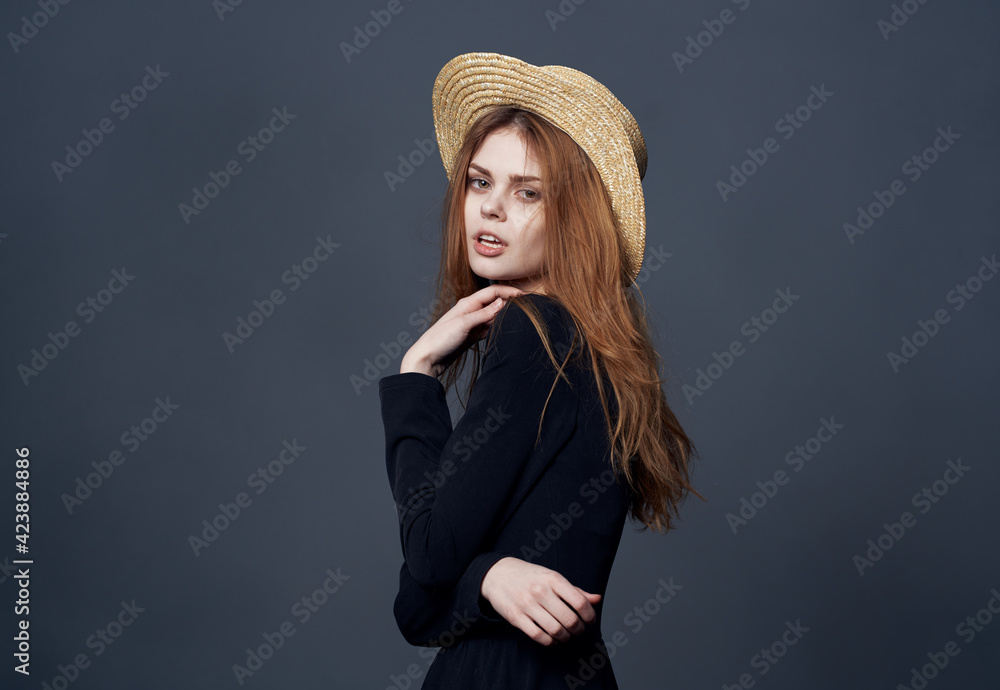 Pretty woman in hat fashion glamor and luxury dark background Pretty woman in hat fashion glamor and luxury dark background