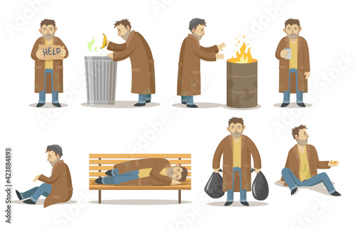 Homeless man in various poses collection. Poor adult homeless male character starving, drinking and sleeping isolated illustrations. Jobless, poverty, unemployment, trouble concept