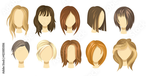 Female hair style collection. Blond, brown and ginger haircuts for girls. Short and long hair wigs for young women. Illustration set for stylist, model or hairdressing concept