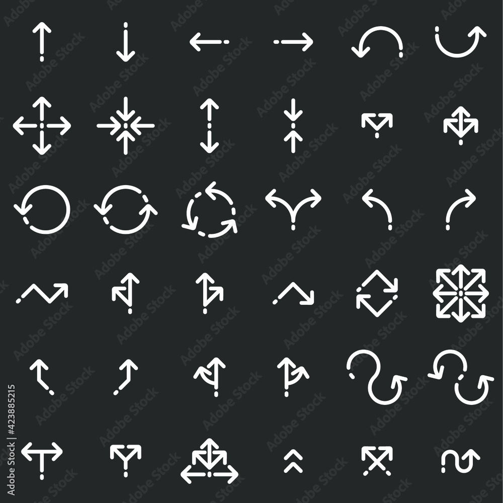Set of white arrows on black background. Vector illustration. Set of white arrows on black background. Vector illustration.