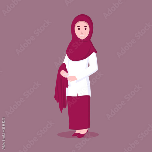 illustration cute cartoon woman muslim in hijab.