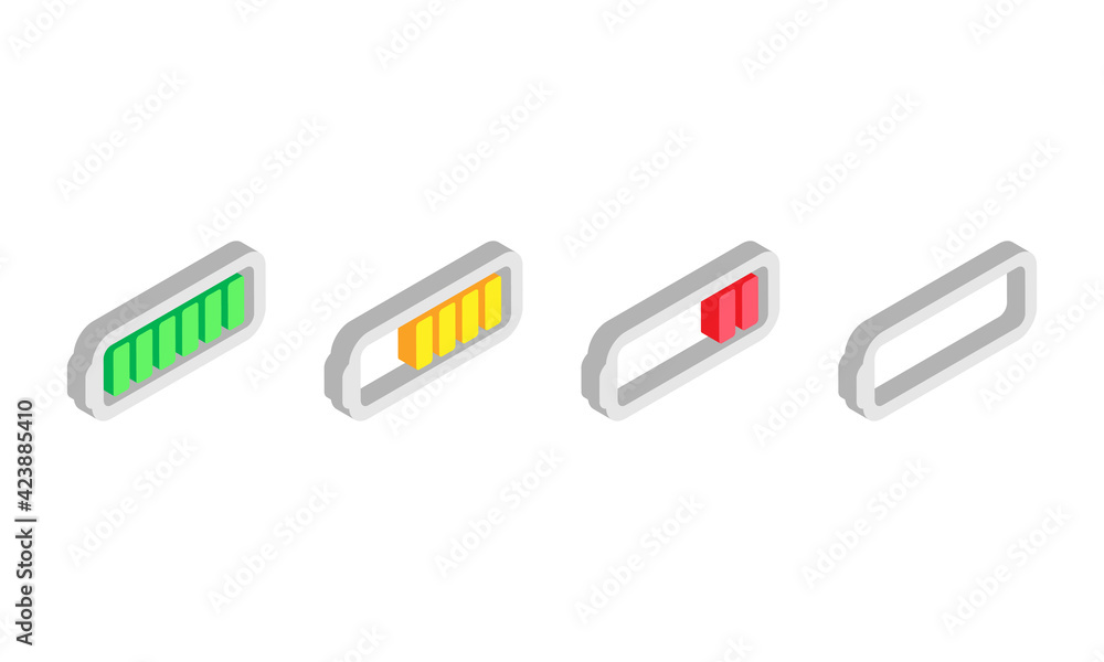Battery charge level icons. Full, medium, low. Vector illustration in modern isometric style. Isolated on white background.
Battery charge level icons. Full, medium, low. Vector illustration in modern isometric style. Isolated on white background.