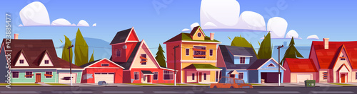 Abandoned suburb houses, suburban street with old residential cottages with boarded up windows and doors, holes in walls and destroyed cars, countryside neglected buildings Cartoon vector illustration