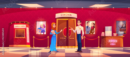 Muslim girl with popcorn in cinema. Vector cartoon interior of movie theater with cashbox, counter with snack, film posters, man that checks tickets and arabic woman in hijab