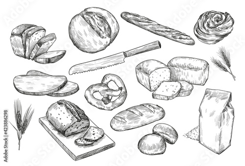 Hand drawn sketches of different bread. White and black isolated illustrations of french baguette, package of flour, wheat, rolls, toast baton for bakery, pastry concept