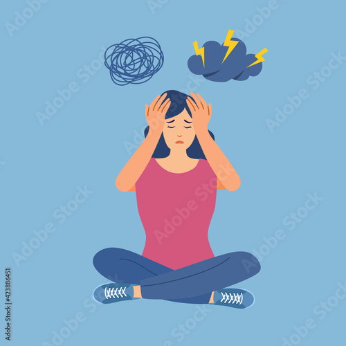 Anxious woman feeling sad and stress sitting on the floor in flat design. Female worries about her problem and got headache. Depression symptom.