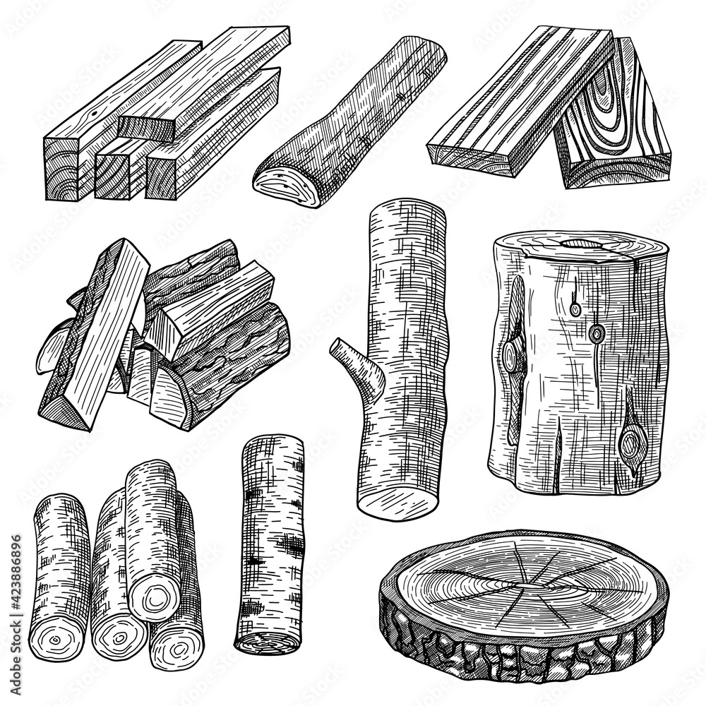Vettoriale Stock Cut logs, firewood and planks engraved vector
