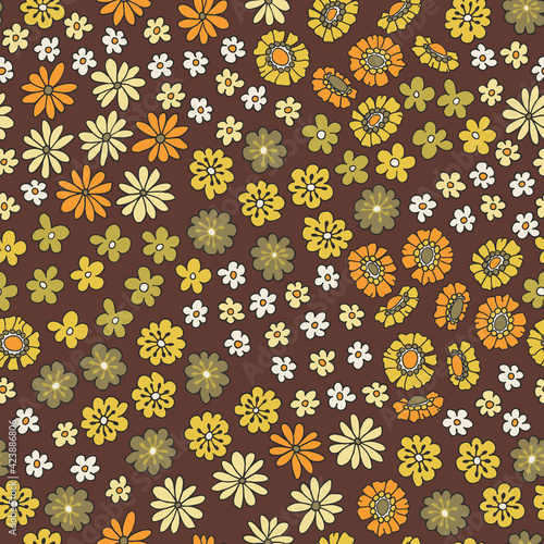 Colorful Small Scale Hand-Drawn Floral Vector Seamless Pattern. Retro 70s Style Nostalgic Fashion Textile Bold Background. Summer Resort Print. Ditsy Daisies. Flower Power