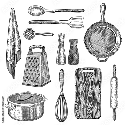 Cooking utensils engraved vector illustrations set. Hand drawn sketch of kitchen tools, pan, pot, whisk isolated on white background. Kitchenware equipment, cooking classes for poster design