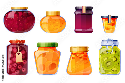 Glass jars with jam from strawberry, peach, cherry, sea buckthorn, kiwi and apricot. Vector cartoon set of sweet fruit conserves, jelly and marmalade isolated on white background