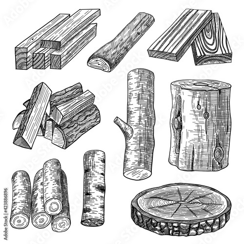 Cut logs, firewood and planks engraved vector illustrations set. Hand drawn sketch of wooden materials, trunk, stump, timber, pieces of tree, chopped wood on white background. Lumber, timber concept