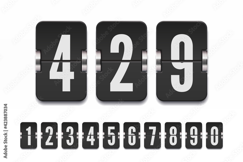Set of black flip numbers on a mechanical scoreboard with shadows isolated on white. Vector template for your design. Set of black flip numbers on a mechanical scoreboard with shadows isolated on white. Vector template for your design.