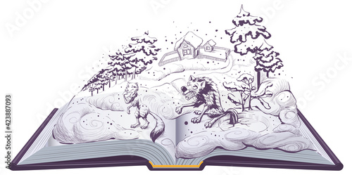 Fox and wolf Russian folk tale. The wolf catches fish with its tail down in ice hole open book illustration