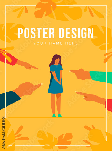 Depressed sad woman standing as victim flat vector illustration. Surrounded girl and fingers pointing at her. Conviction, indictment and social denunciation concept.