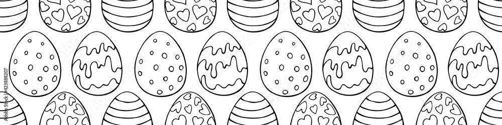Vector seamless pattern with outline Easter eggs . Spring hand drawn doodle, holiday backgrounds and textures with decorative elements. Traditional digital paper