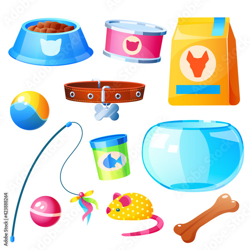 Pet shop collection with toys, bowl, feed for domestic animals in bag and cans. Vector cartoon set of pet accessories, aquarium for fish, collar, balls and mouse toy isolated on white background