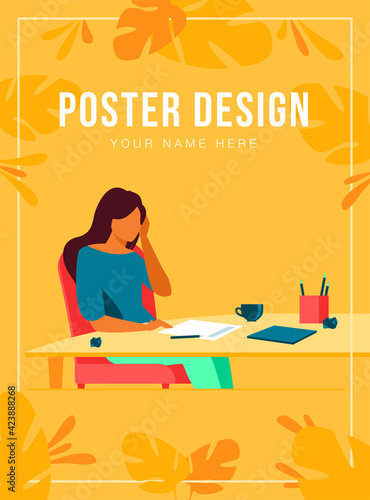 Young author or writer working on new article. Woman sitting at clean paper, crumpling pieces of drafts. Vector illustration for writing, creative crisis, journalism concept