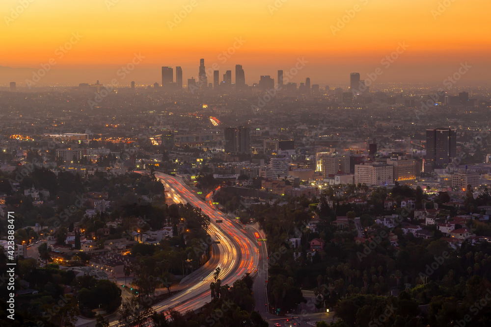 Downtown Los Angeles city skyline, cityscape of LA