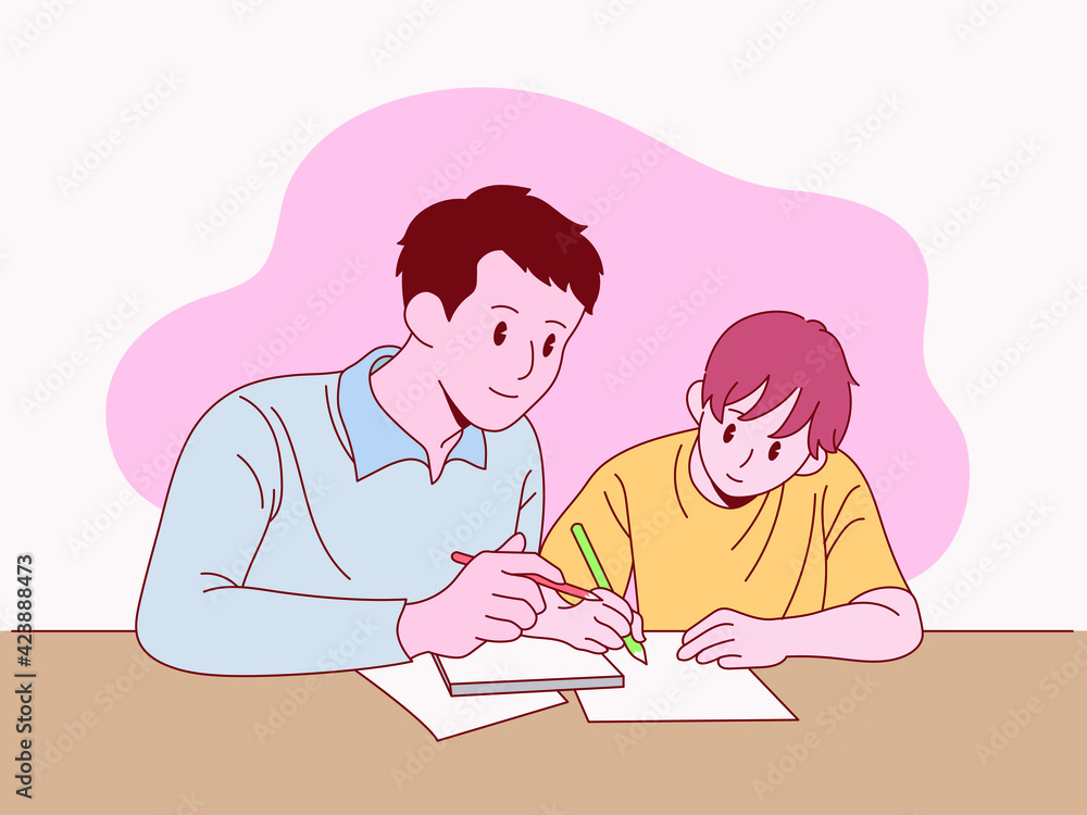Dad is teaching his son to study. hand drawn style vector design illustrations. Dad is teaching his son to study. hand drawn style vector design illustrations.