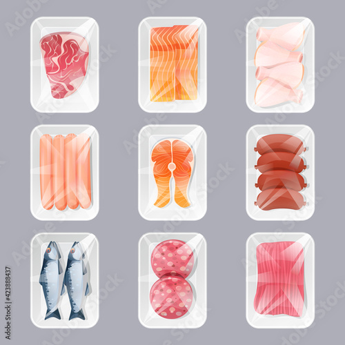 Food in plastic packages for store retail, fresh fish, minced meat and chicken legs, sausages, raw salmon steak or fillet. Isolated products design elements top view, Cartoon vector illustration, set