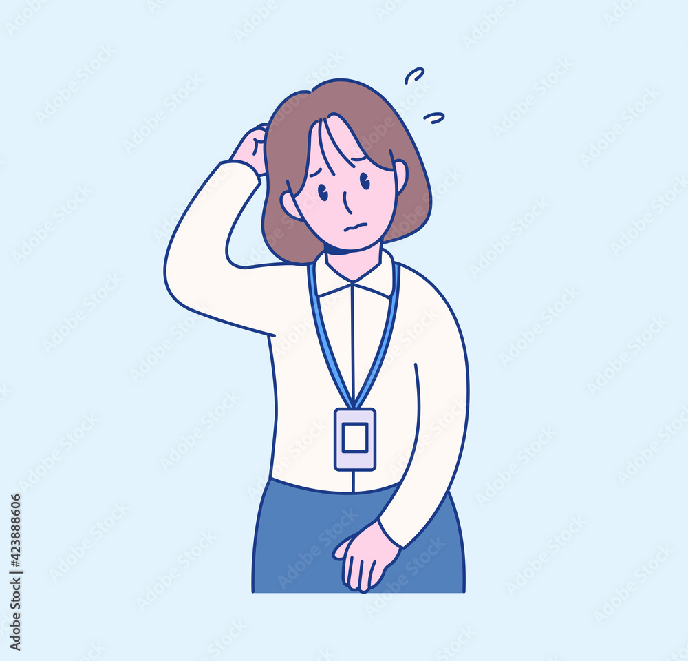 Fototapeta premium A female office worker has a embarrassed expression. hand drawn style vector design illustrations. 