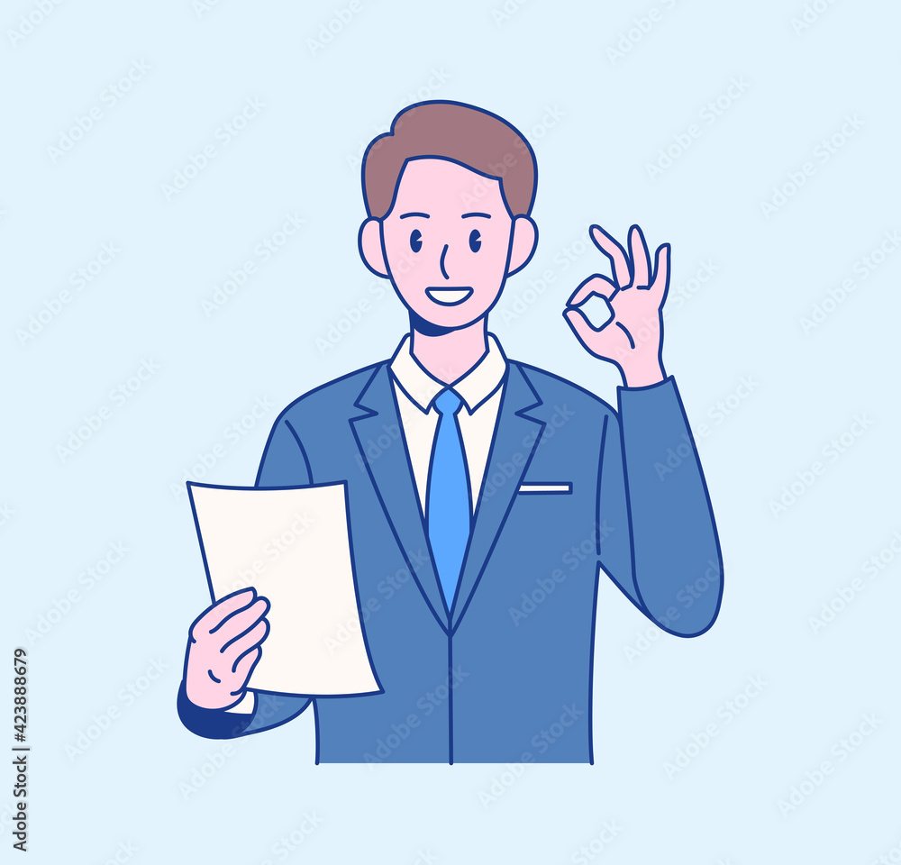 A male office worker is signing OK. hand drawn style vector design illustrations. A male office worker is signing OK. hand drawn style vector design illustrations.