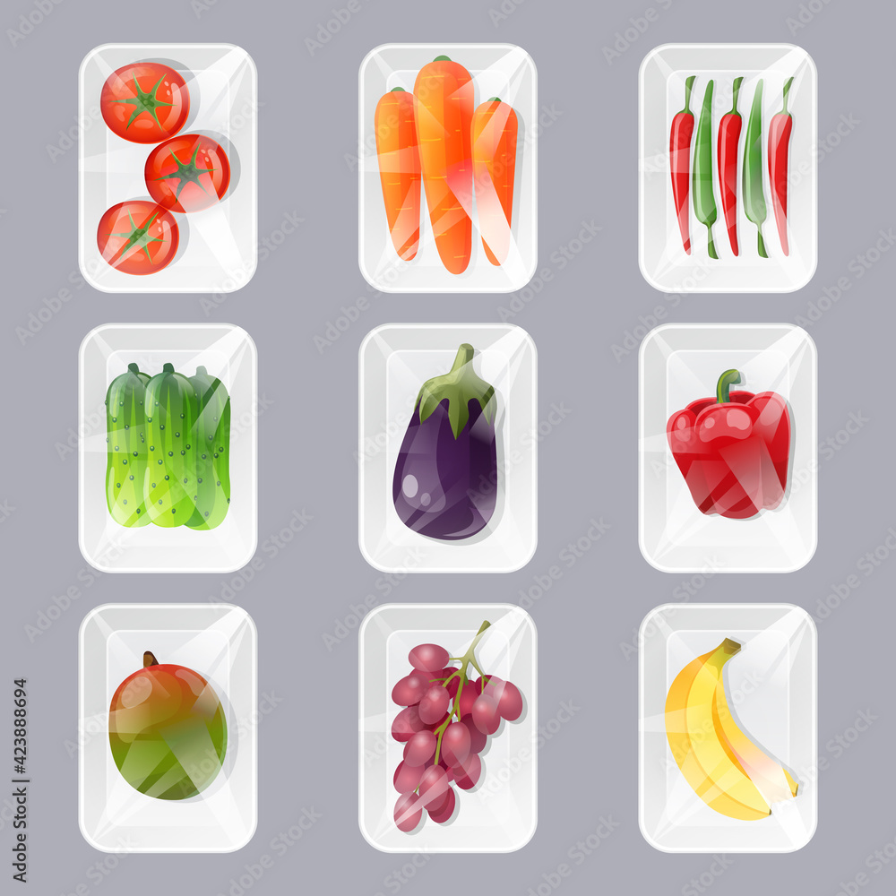 Plastic trays with fresh fruits and vegetables with wrapping by transparent film. Vector cartoon set of package fresh food in styrofoam containers in supermarket and store