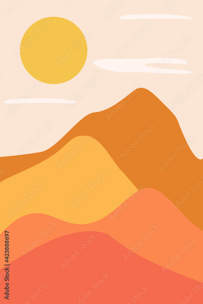 Trendy minimalist abstract landscape illustrations. Vector abstract contemporary aesthetic background landscape with sun, mountains.  modern minimalist art and design.