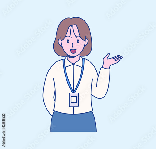 A female office worker raises his hand and introduces something. hand drawn style vector design illustrations. 
