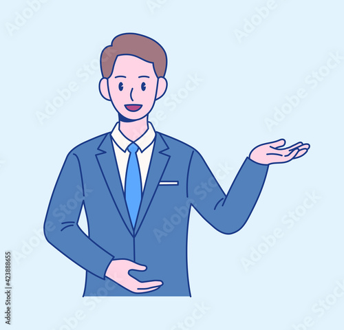 A male office worker raises his hand and introduces something. hand drawn style vector design illustrations. 