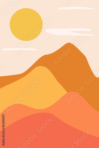 Trendy minimalist abstract landscape illustrations. Vector abstract contemporary aesthetic background landscape with sun  mountains.  modern minimalist art and design.